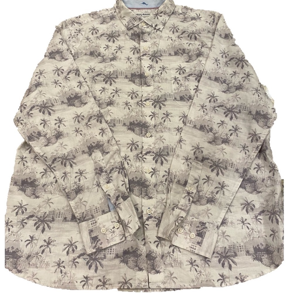 Tommy Bahama Men’s Long Sleeve White Shirt with Gray Palm Trees and Hotel